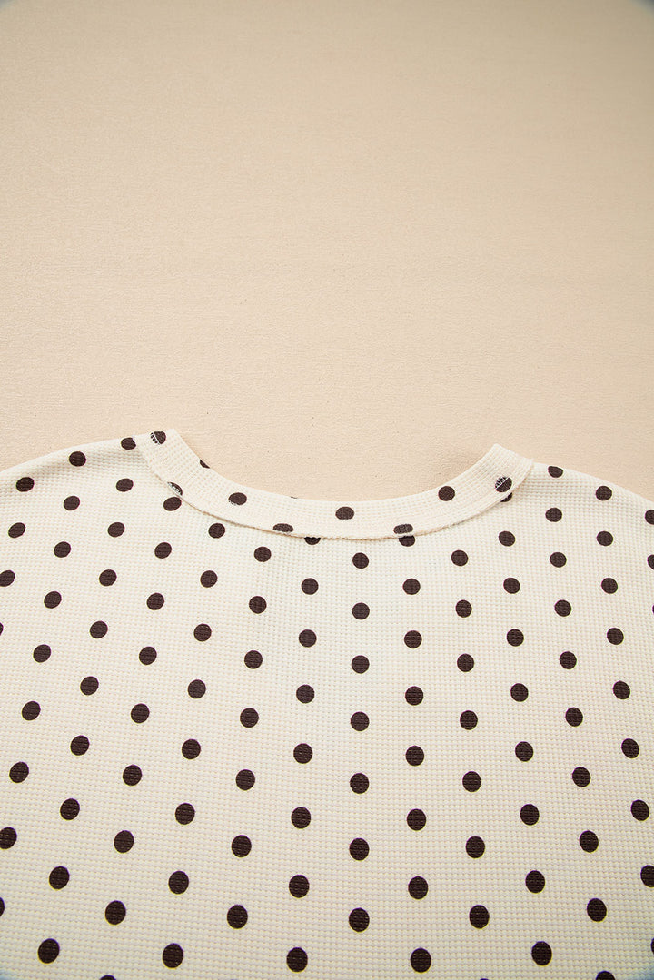 White Polka Dot Print Notched Neck Long Sleeve Top Drawstring Jogger Pants Waffle Knit Lounge Set
