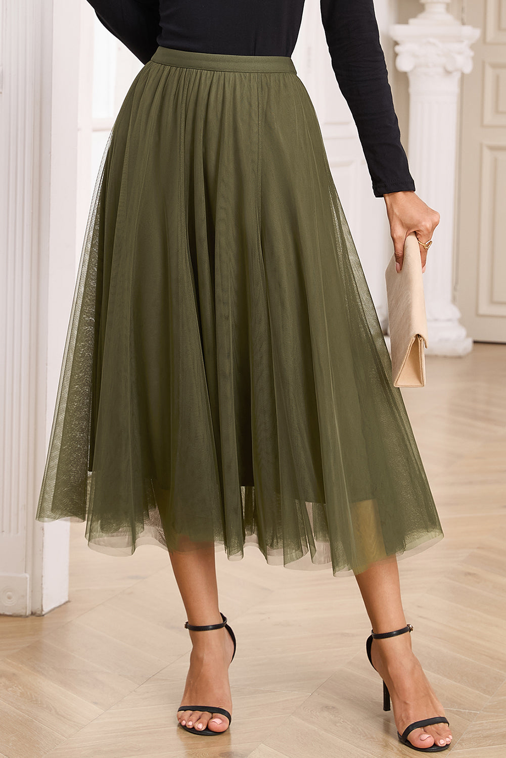 Jungle Green Tulle Mesh Overlay Flared Midi Skirt