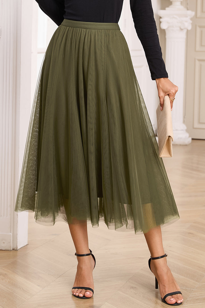 Jungle Green Tulle Mesh Overlay Flared Midi Skirt