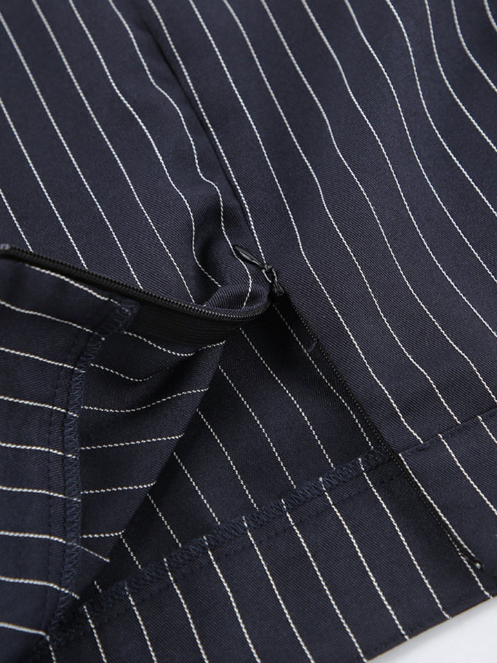Striped Blazer & Mini Skirt Set with Neck Tie