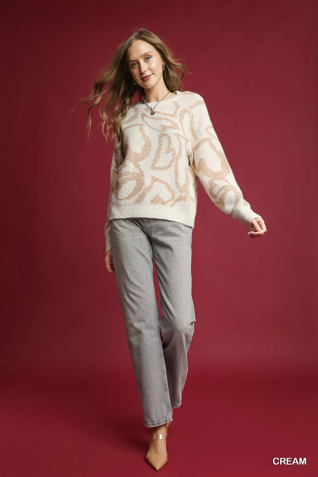 Umgee Heart Print Crew Neck Sweater