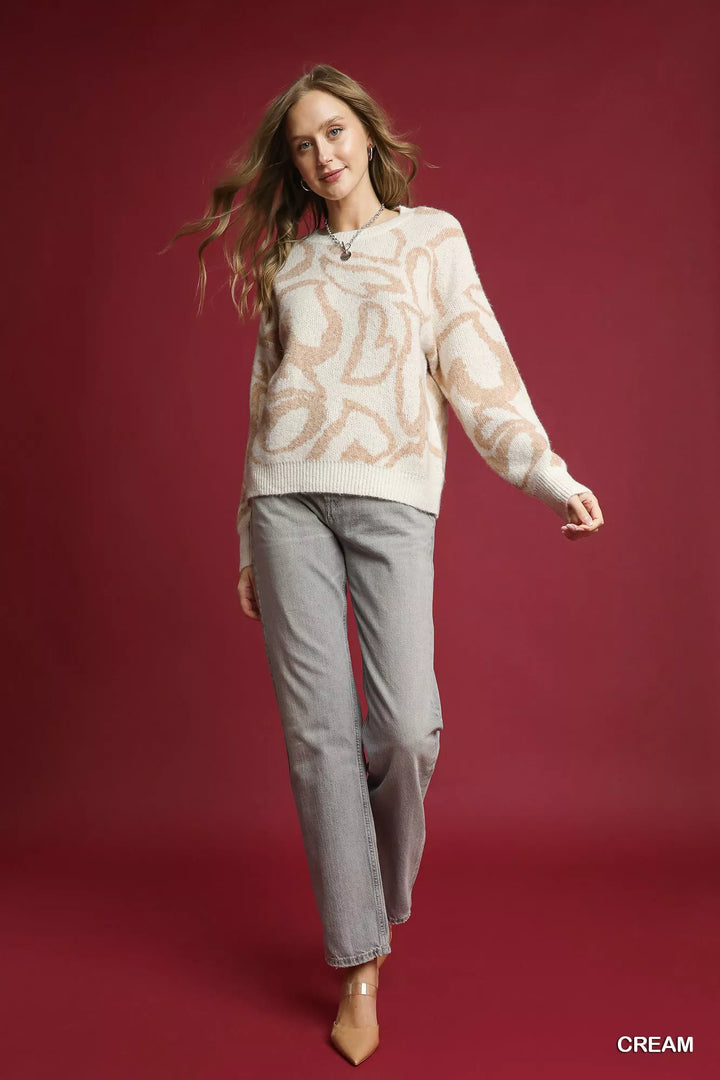 Umgee Heart Print Crew Neck Sweater