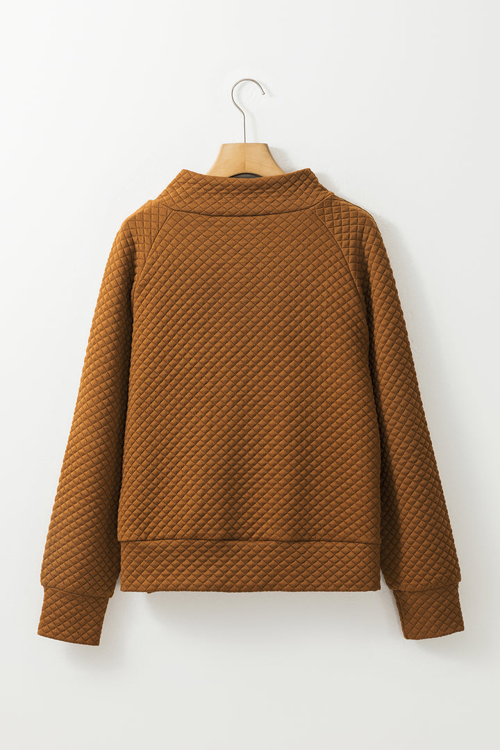 Chestnut Quilted Buttoned Neckline Stand Neck Pullover Sweatshirt