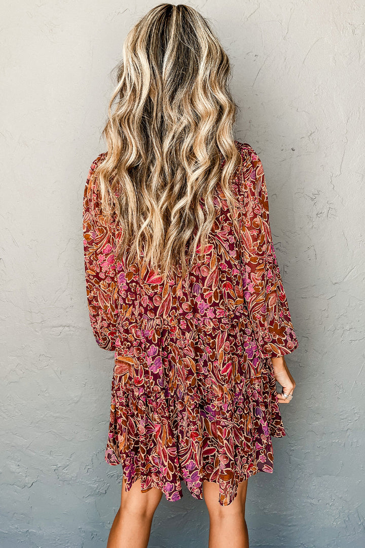Red Floral Print Long Sleeve Shirred High Neck Loose Mini Dress