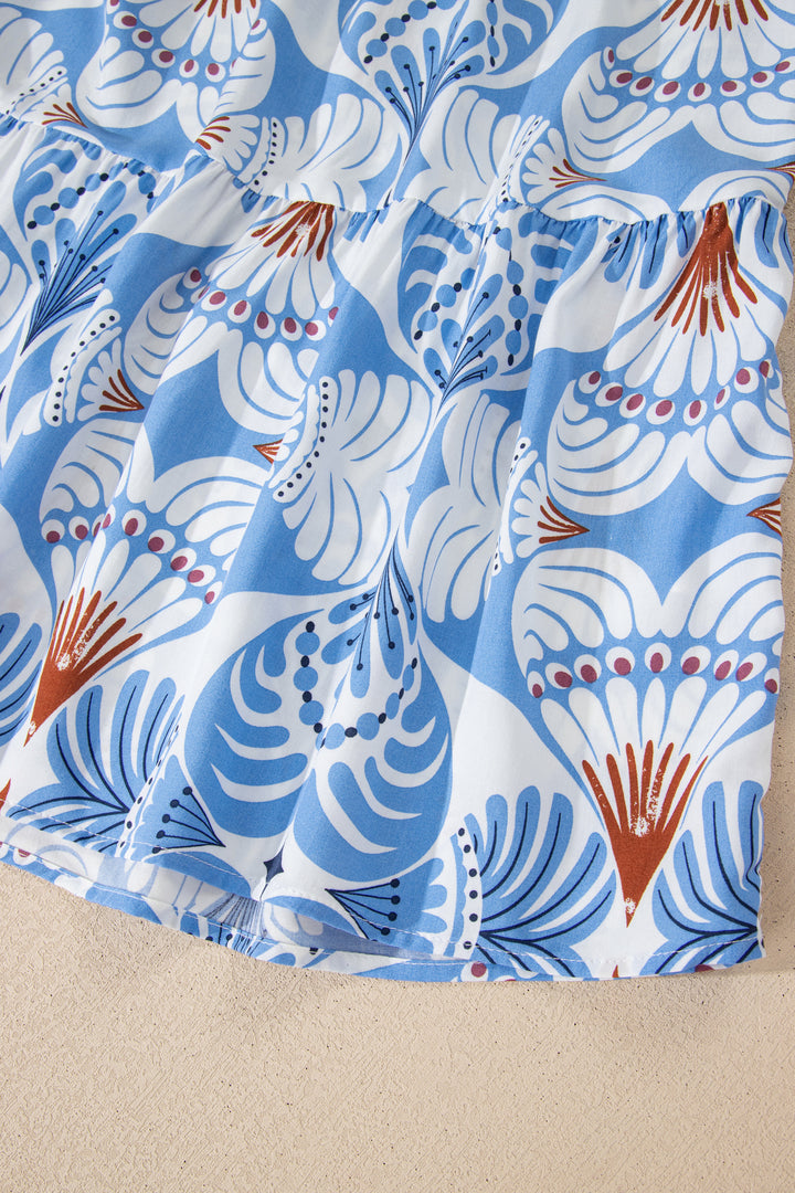 Sky Blue Tropical Botanic Print Flutter Sleeve Vacation Long Dress