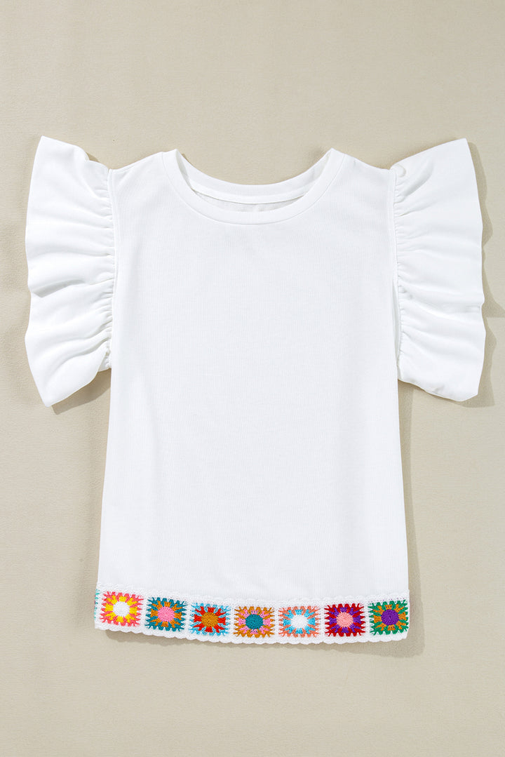 White Floral Crochet Patched Ruffled Sleeve Crewneck Blouse