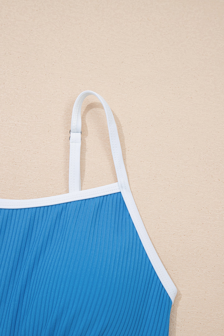 Dusk Blue Color Block Edge Ribbed Pocketed Lined Swim Dress
