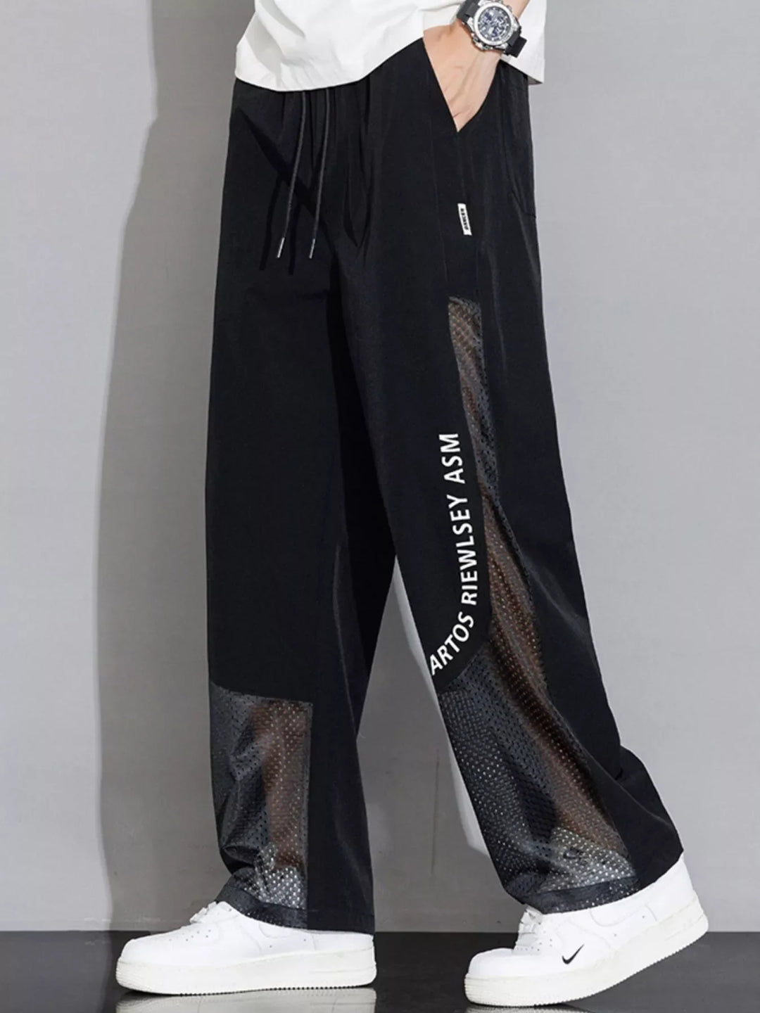 Men's Plus Size Drawstring Wide Leg Mesh Panel Pants