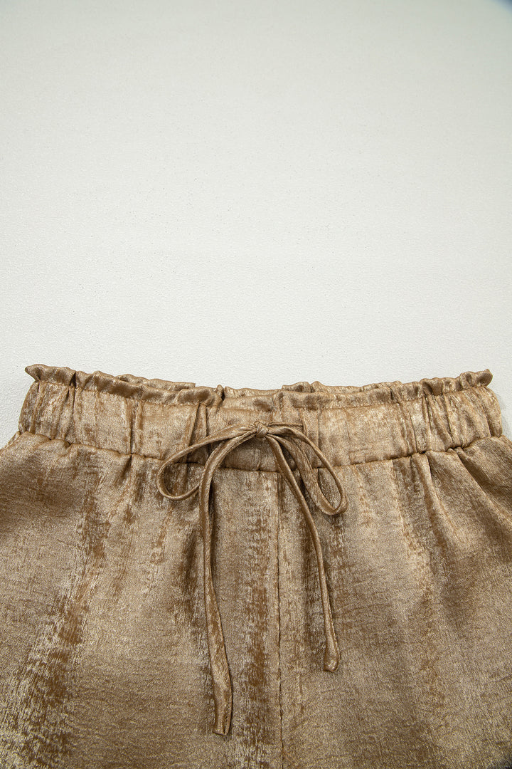 Gold Metallic Luster Tie Elastic Waist Cuffed Hem Shorts