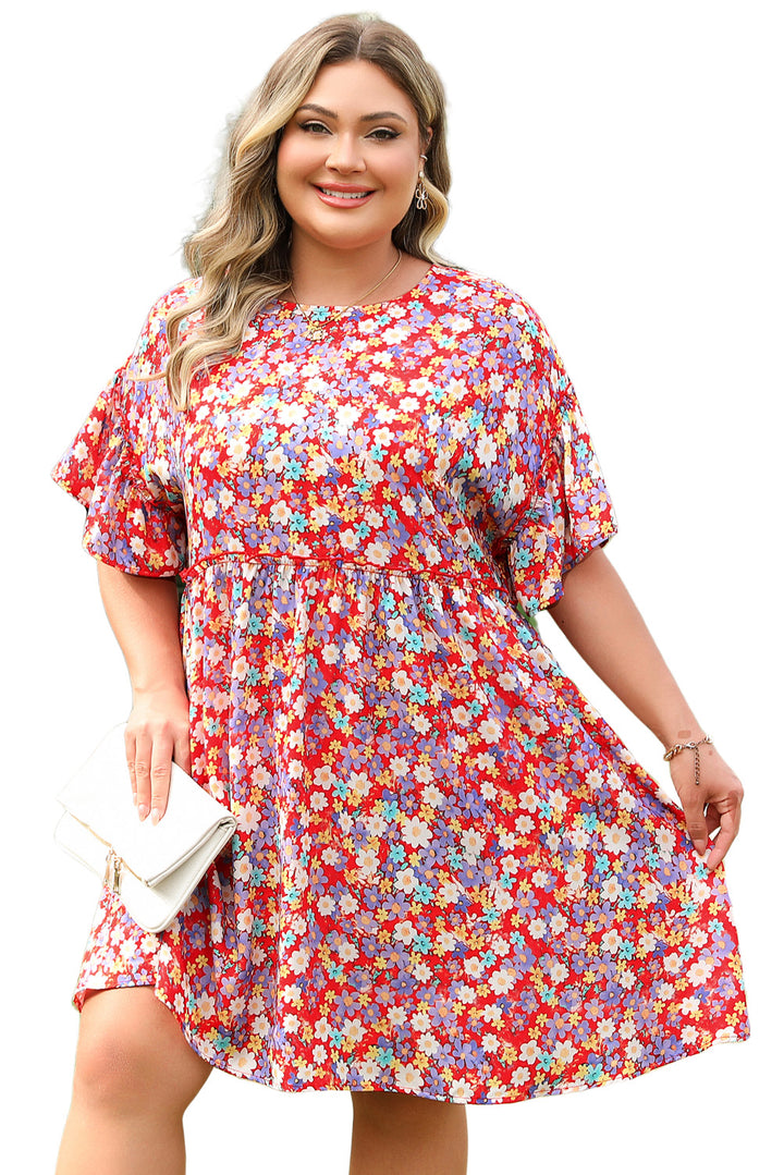 Red Dainty Flower Printed Plus Size Short Sleeve Shift Dress