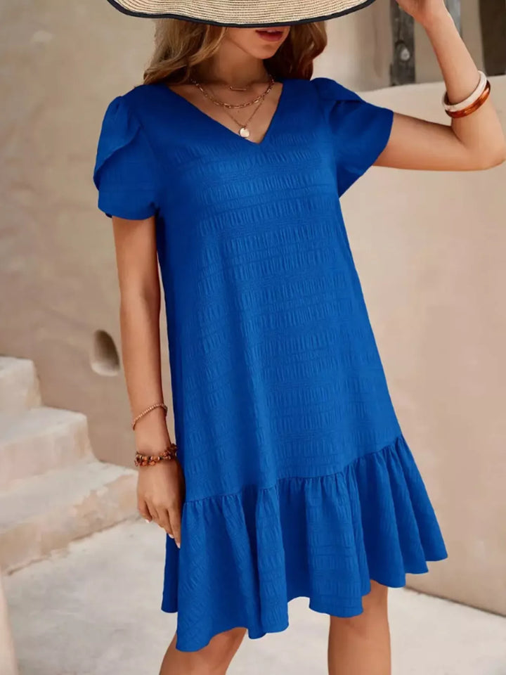 V-Neck Ruffle Hem Textured Mini Dress