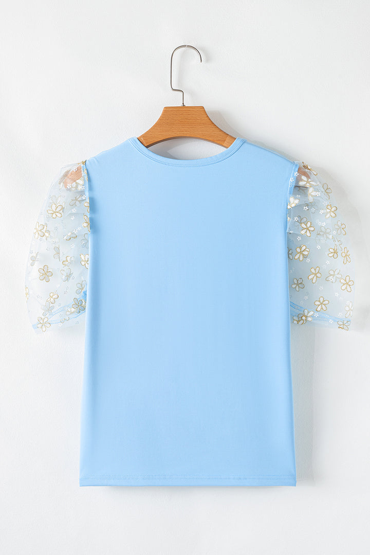 Beau Blue 花網眼泡泡袖圓領上衣