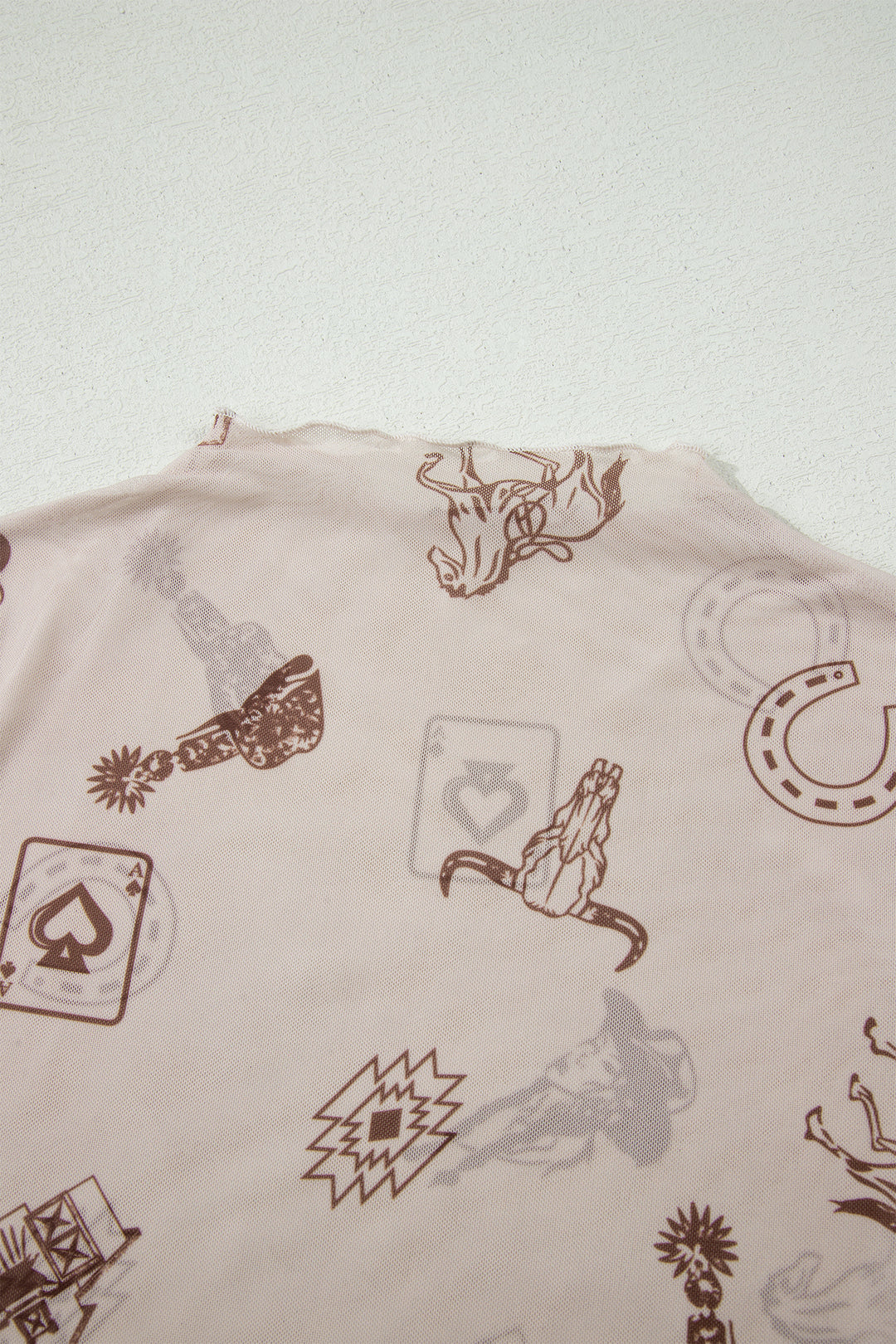 Oatmeal Western Printed Mesh Short Sleeve Top
