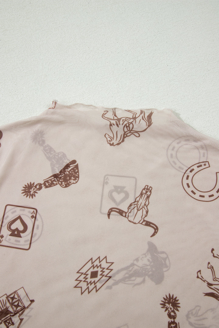 Oatmeal Western Printed Mesh Short Sleeve Top