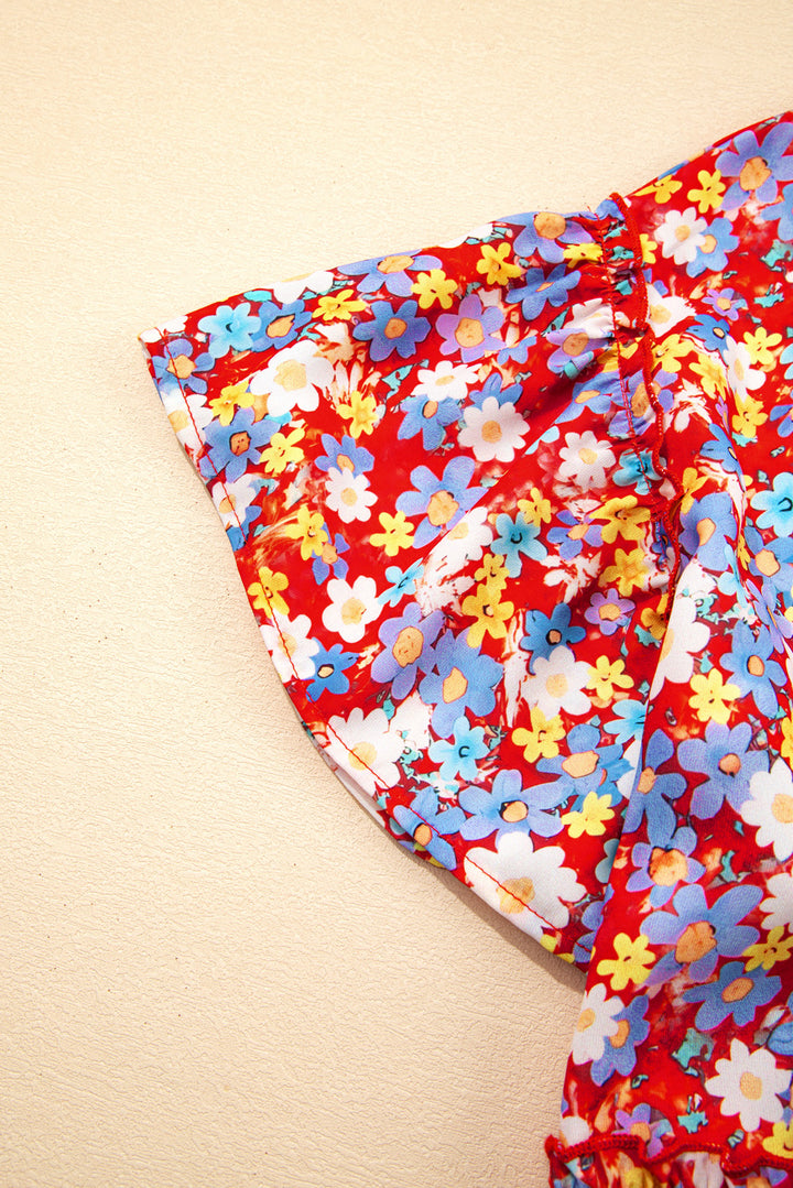 Red Dainty Flower Printed Plus Size Short Sleeve Shift Dress