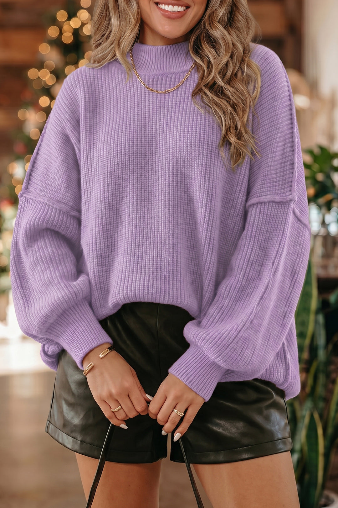 Chestnut Long Sleeve Ribbed Knit Stand Neck Regular Fit Pullover Sweater