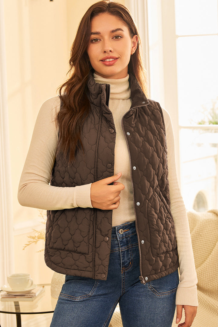 Dark Brown Flower Shape Quilted Snap Button Zip Up Winter Vest