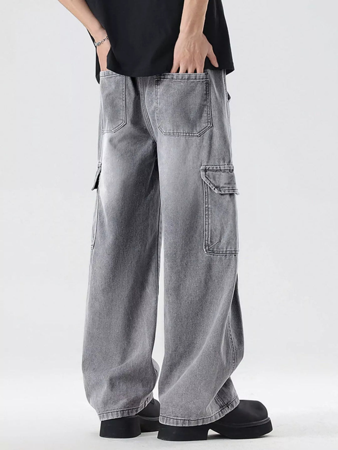 Men's Plus Size Wash Wide Leg Cargo Jeans
