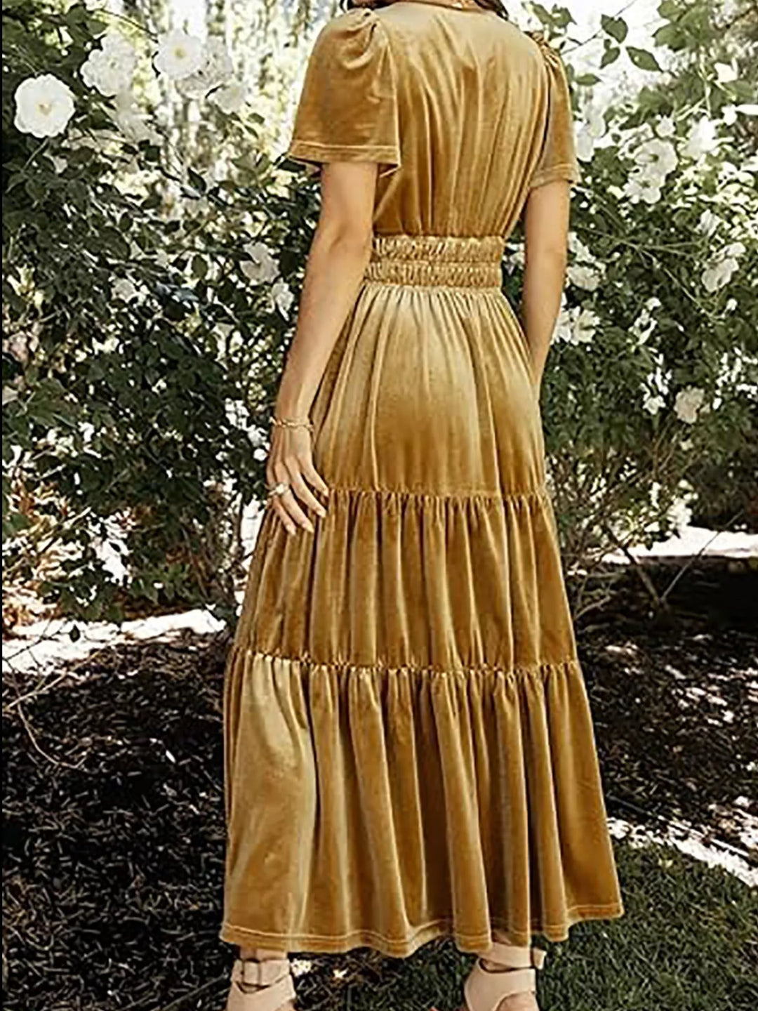 Velvet Tiered Short Sleeve Maxi Dress