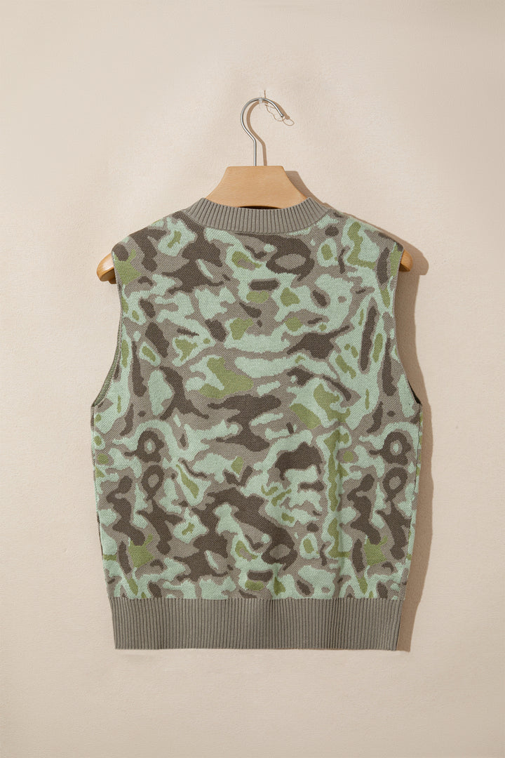 Green Camo Print Button Front Loose Sweater Vest