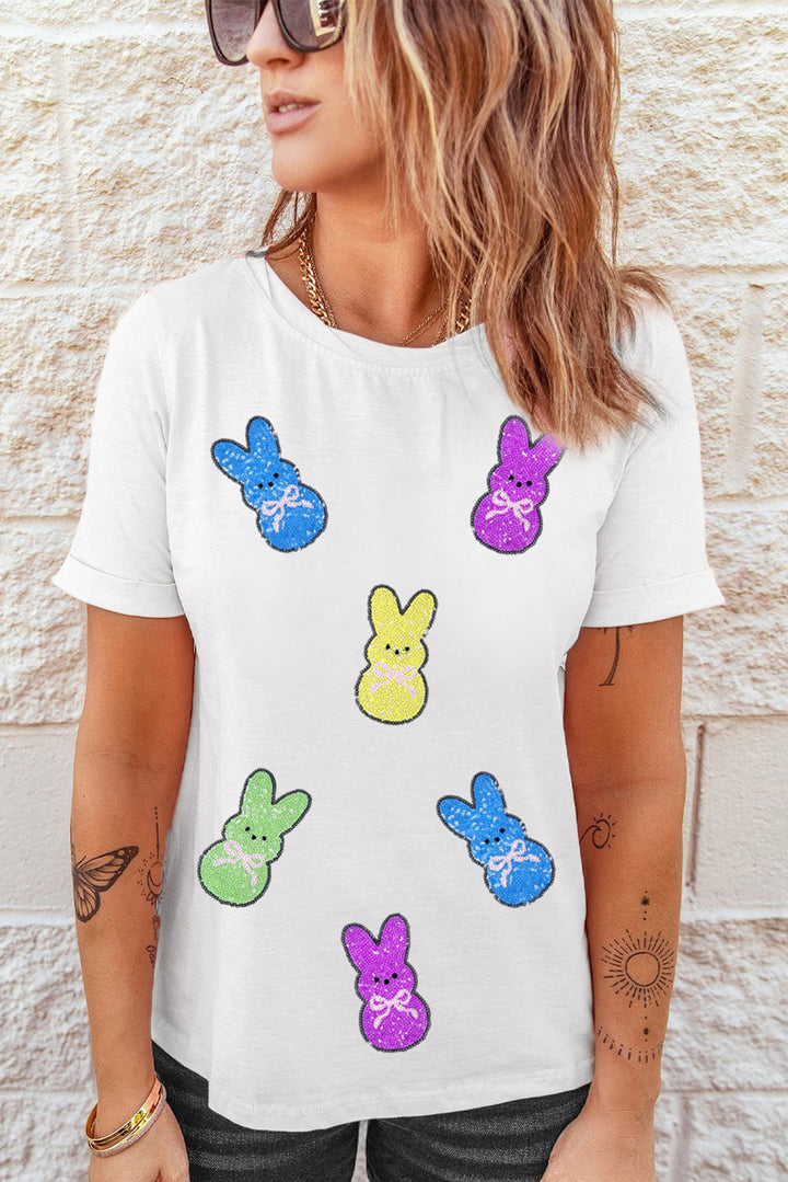 White Sequin Bow Bunny Doll Patched Easter Graphic Tee