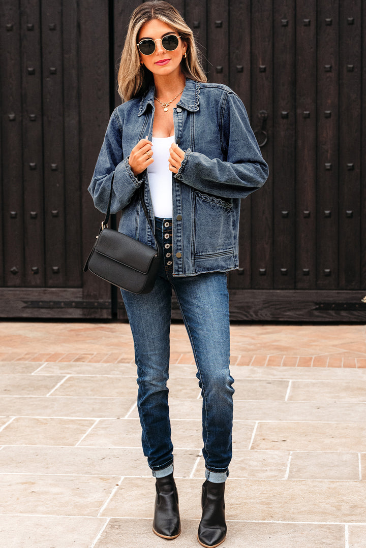 Sail Blue Scallop Trim Collar Patched Pocket Button Up Denim Jacket