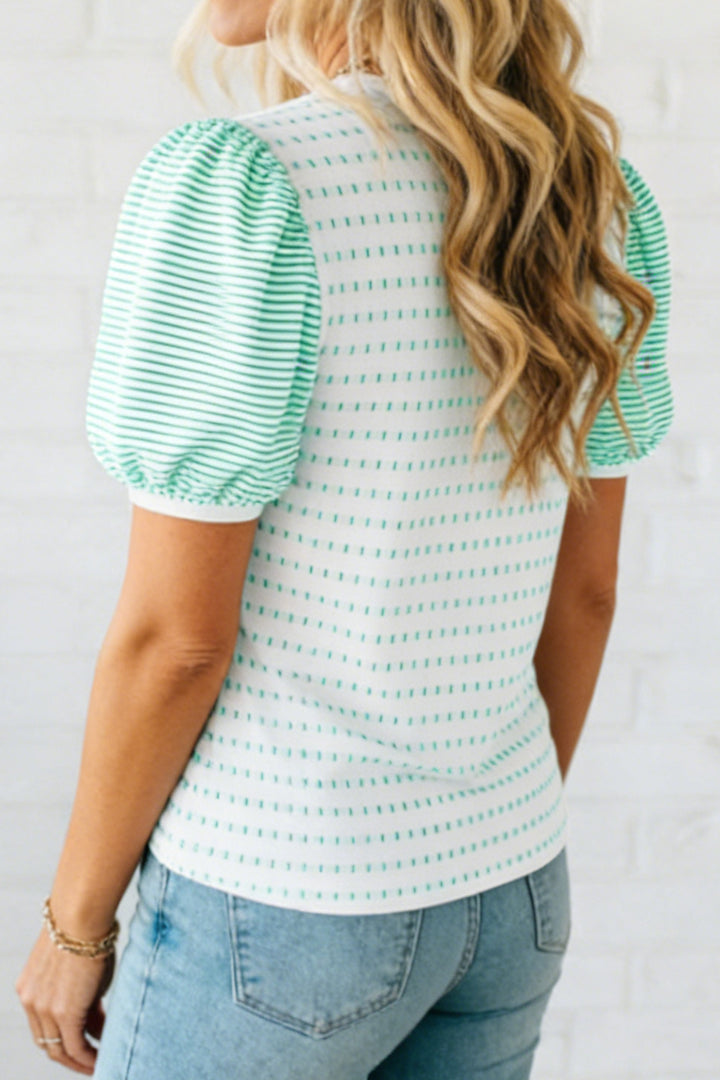 Green Striped Short Puff Sleeve Top