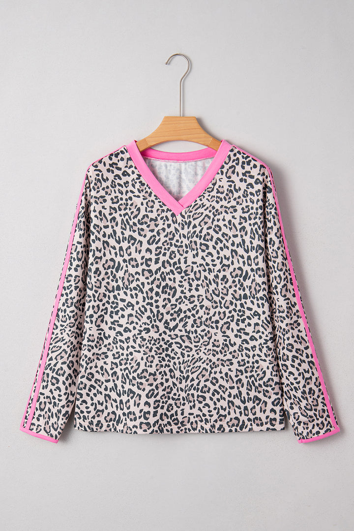 Khaki Leopard Print Contrast V Neck Varsity Stripe Detail Long Sleeve Top