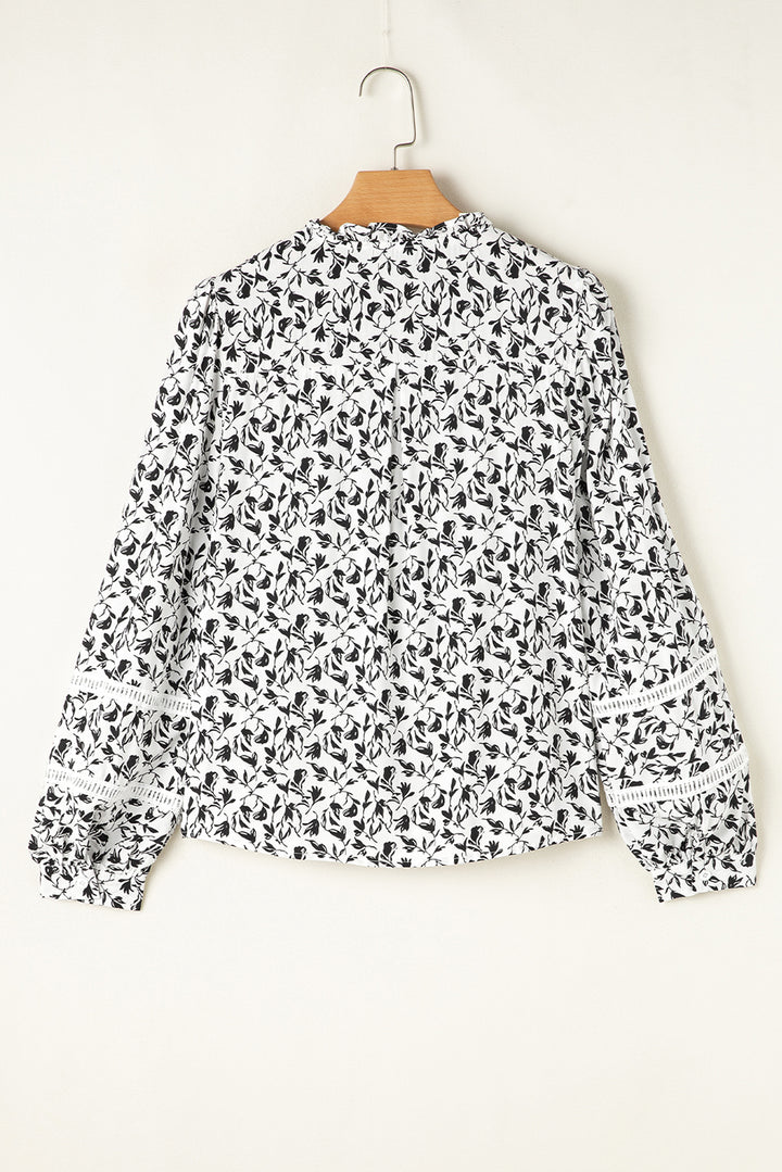 Black Printed Lace Detail Floral Puff Sleeve Fall Shirt