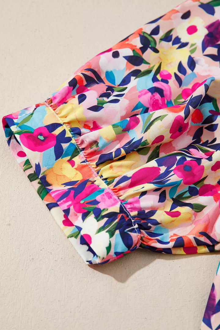 Flower Print Frilled Collar Short Puff Sleeve Summer Blouse