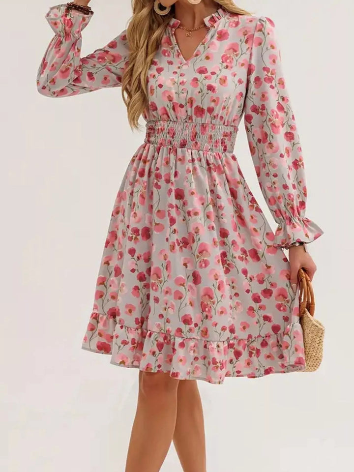 Floral Notched Flounce Sleeve Dress