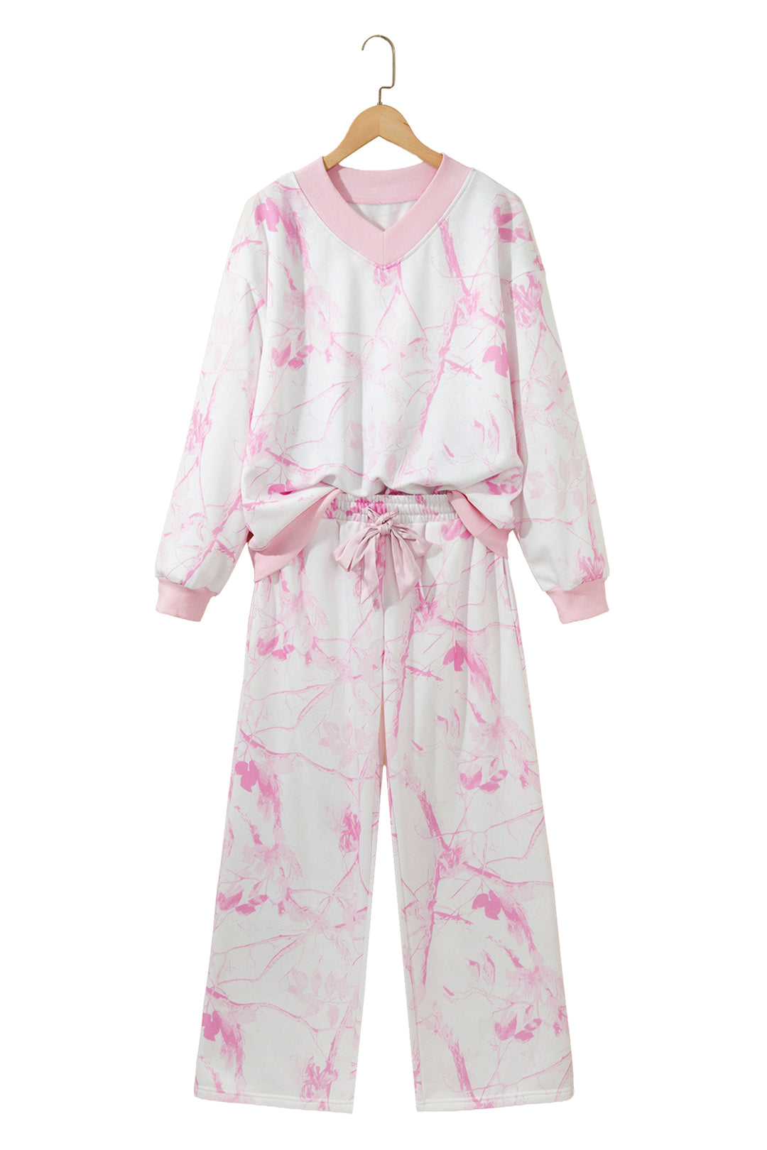 Pink Abstract Plant Print Long Sleeve V Neck Pant Set
