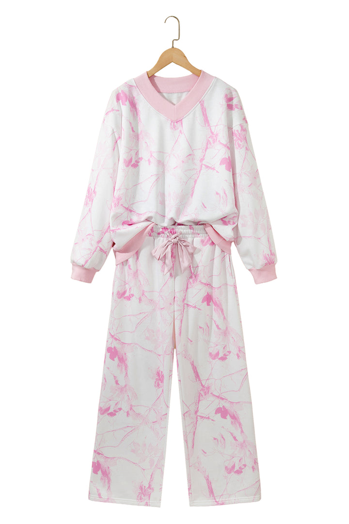 Pink Abstract Plant Print Long Sleeve V Neck Pant Set
