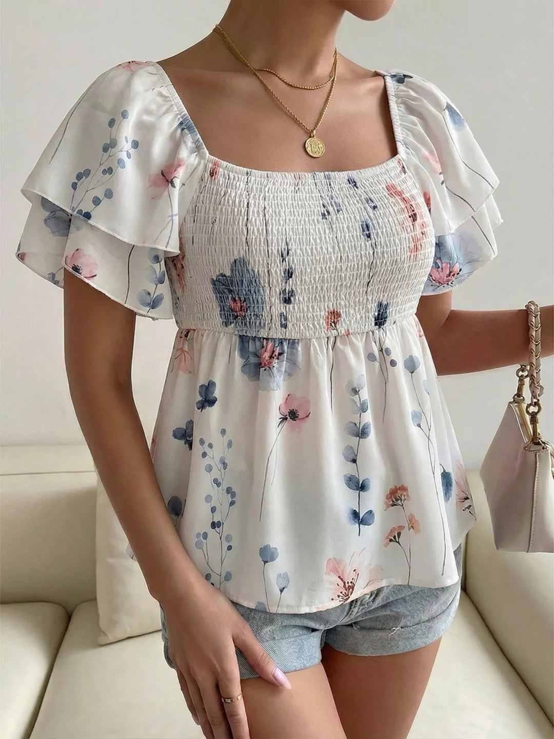 Smocked Square Neck Flutter Sleeve Blouse