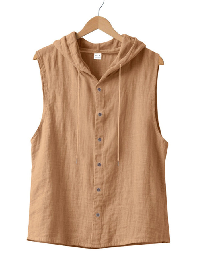 Men's Full Size Casual Sleeveless Hooded Button-Down Top Plus Size