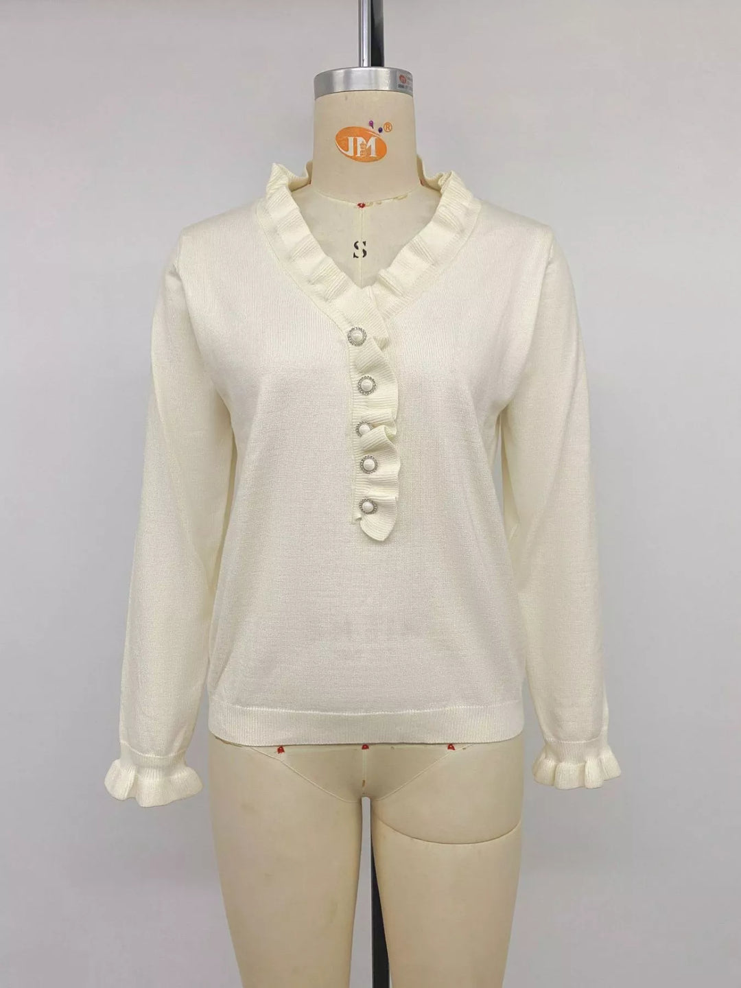 Ruffle Trim Pearl Button V-Neck Knit Top