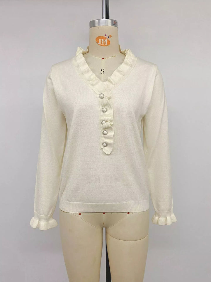 Ruffle Trim Pearl Button V-Neck Knit Top