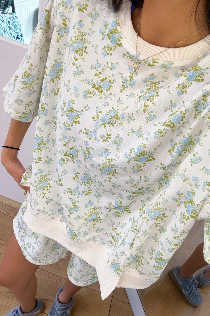 Floral Print Long Sleeve Shift Top Pocketed Shorts 2pcs Set
