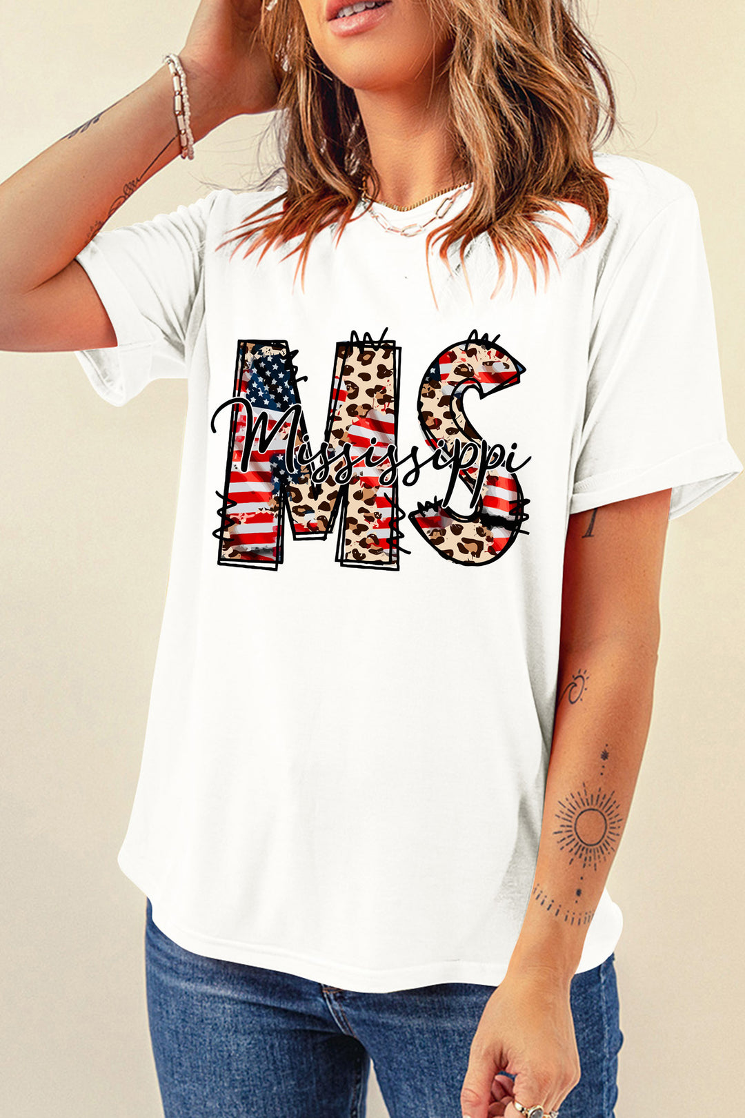 White Mississippi Patriotic MS Printed T Shirt