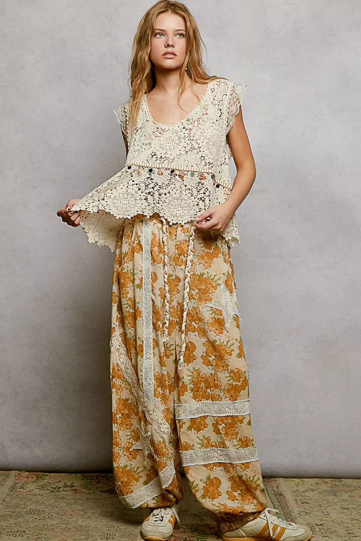 POL Lace Trim Openwork V-Neck Crochet Tank with Scalloped Edge