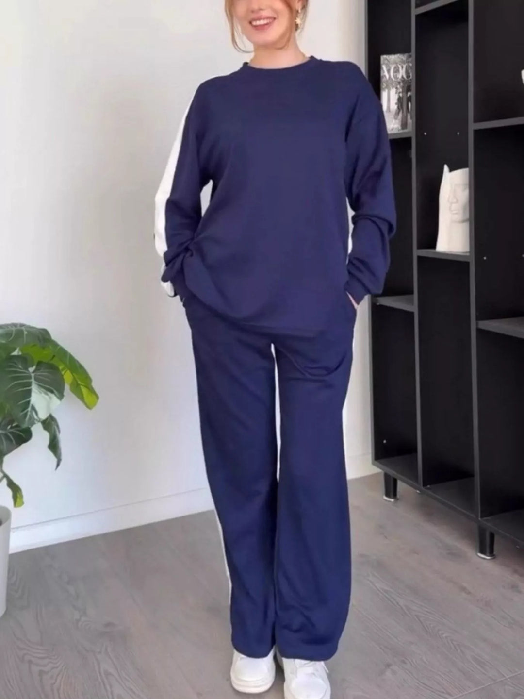 Full Size Contrast Round Neck Top and Pants Set Plus Size