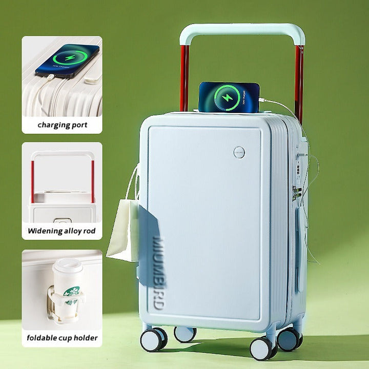 Wide Pull Rod Design Luggage Compartment, Front Open Lid, Stylish Large Capacity Luggage With Foldable Cup Holder And USB Interface