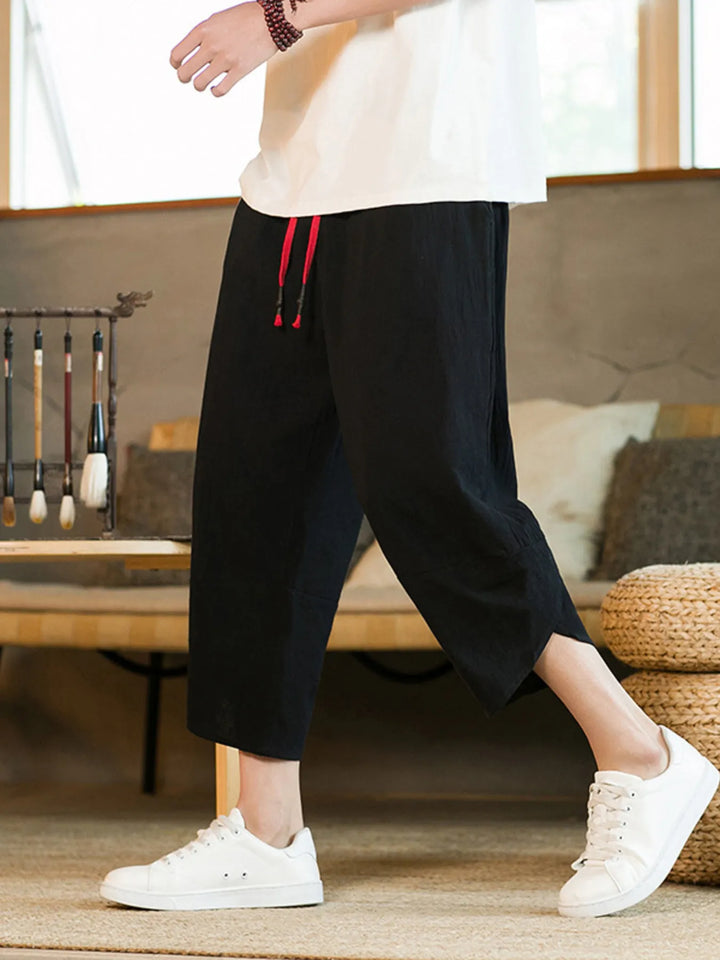Men's Plus Size Casual Linen Cropped Pants with Drawstring