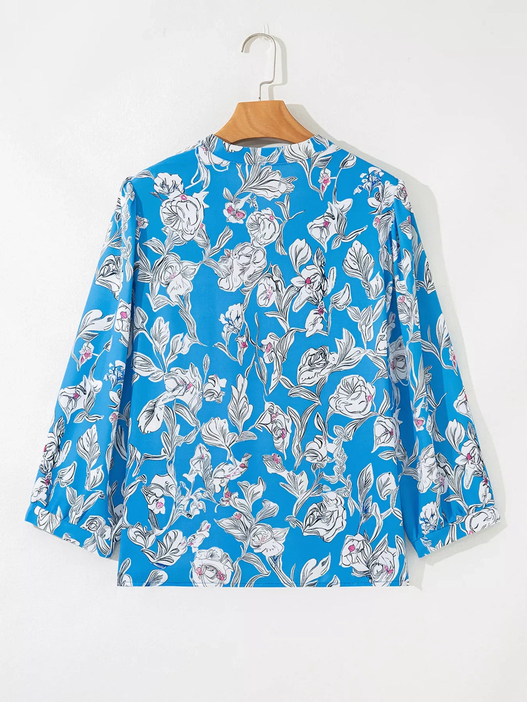 Notched Floral Print 3/4 Puff Sleeve Blouse