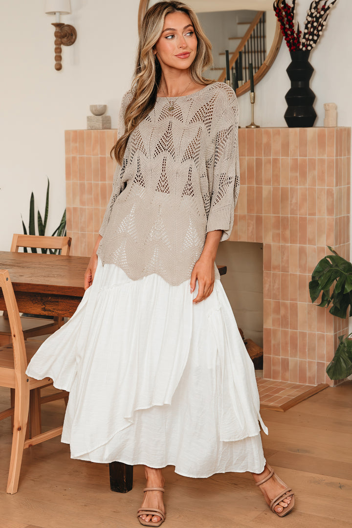 Parchment Hollow Out Knit 7/8 Sleeve Casual Sweater