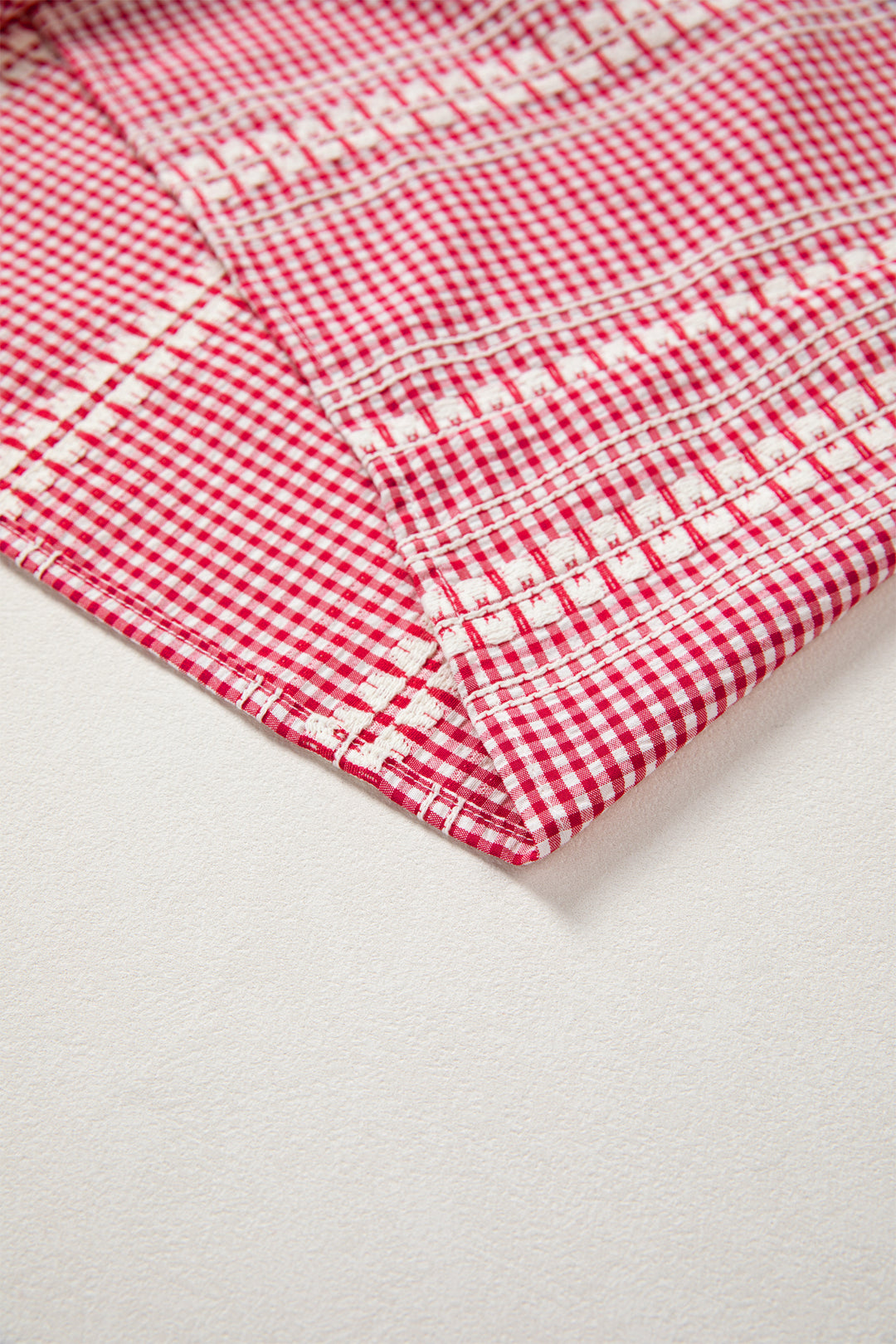 Red Western Pony Embroidered Yoke Puff Sleeve Gingham Blouse