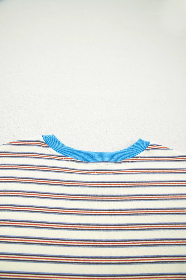 Stripe Drop Shoulder Cuffed Sleeve Loose Tunic T Shirt Mini Dress