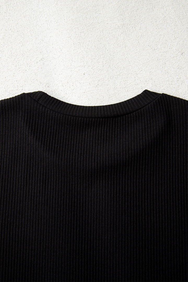 Black Ribbed Long Sleeve Crew Neck Solid Color Bodysuit