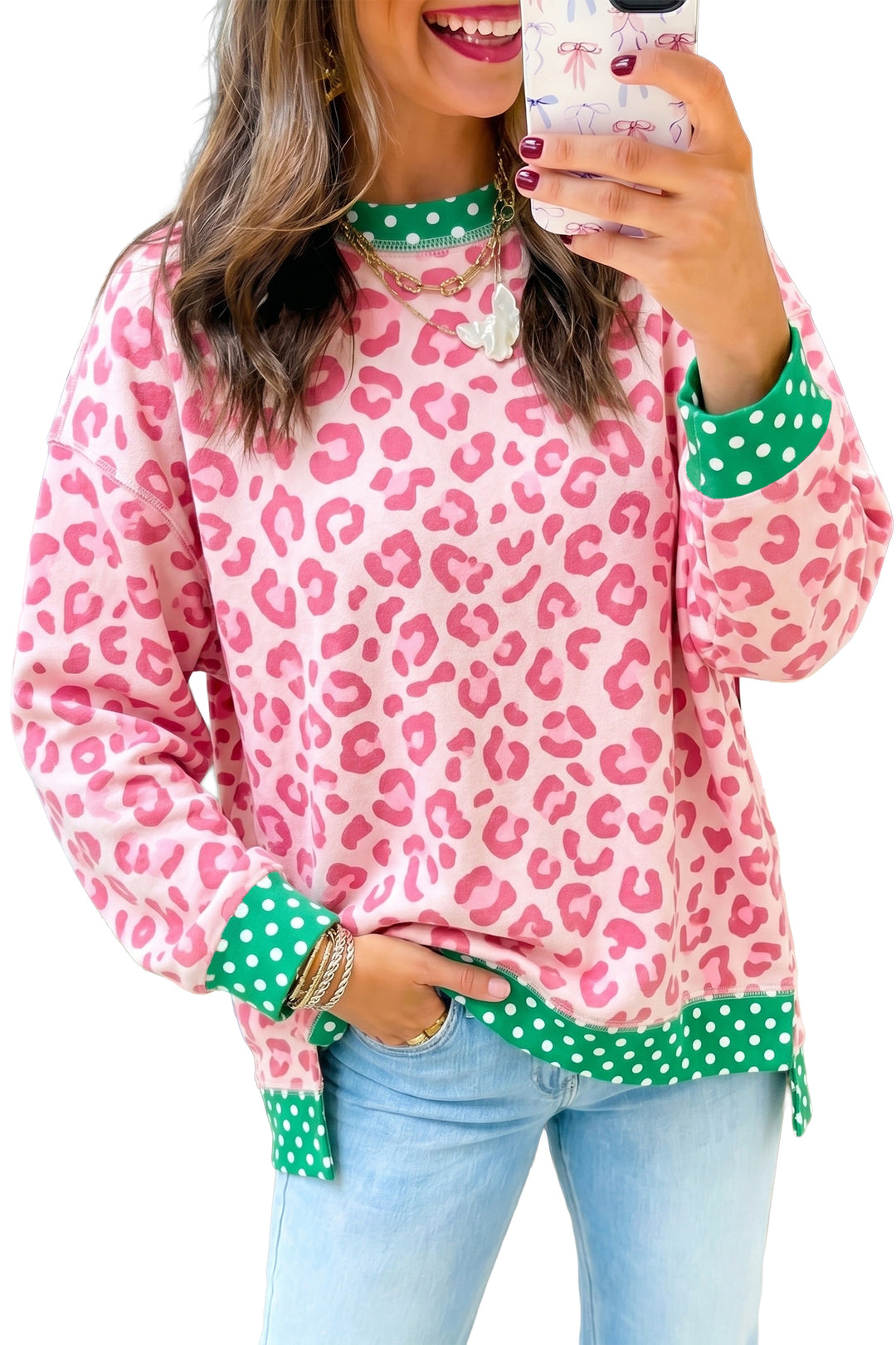 Khaki Leopard Polka Dot Colorblock Trim Long Sleeve Top