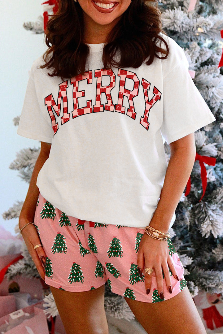 Pink Checkered MERRY Graphic Christmas Tree Print Short Lounge Set